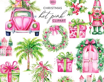 Hot Pink Christmas Clipart, Pink Watercolor Christmas Clipart, Pink Christmas Clip Art, Preppy Christmas Clipart PNG, Christmas Vacation