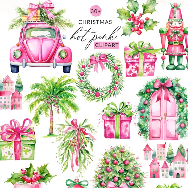 Hete roze kerst clipart, roze aquarel kerst clipart, roze kerst illustraties, preppy kerst clipart PNG, kerstvakantie