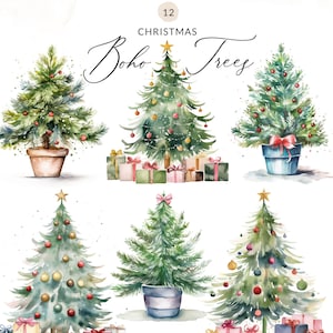 12 imágenes prediseñadas modernas del árbol de Navidad, imágenes prediseñadas del árbol de Navidad de la acuarela boho, imágenes PNG de los árboles de Navidad de la acuarela moderna, uso comercial