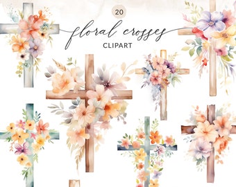 May include: Twenty watercolor floral crosses clipart images. The crosses are decorated with various pastel colored flowers and greenery. The text "floral crosses clipart" is written in a cursive font above the crosses.