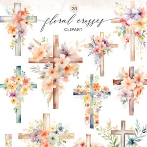 20 Watercolor Flower Crosses Clipart, Flower Crosses PNG, Easter Cross, Floral Cross Clip Art, Cross With Flowers, Commercial Use