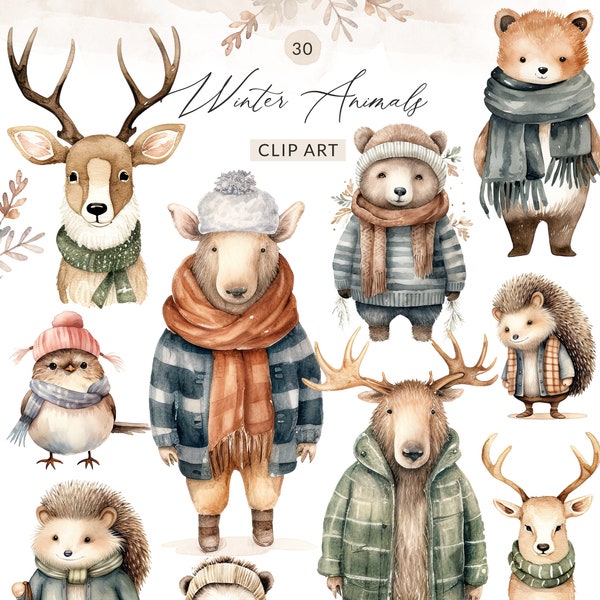 30 Watercolor Winter Animals Clipart, Winter Animals in Sweaters Clipart, Animals in Christmas Sweaters, Moose Clipart, Cute Winter Bird PNG