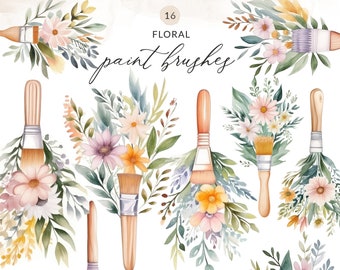 Watercolor Paintbrush Clipart, Watercolor Paintbrushes Clip Art, Floral Paintbrush PNG, Digital Download, Paintbrush Clip Art Commercial Use