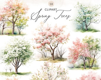Spring Flowering Trees Clipart Spring Trees Clip Art, Watercolor Flowering Trees PNG, Clipart Set of Cherry Blossom Trees, Pink Spring Tree