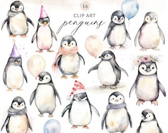 Watercolor Penguin Clipart, Cute Penguin PNG, Baby Penguin Clipart, Penguin Digital Download, Commercial Use Penguins