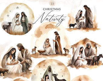 Minimalist Nativity Clipart, Watercolor Nativity Scene PNG, Christmas Nativity Clipart, Commercial Use, Instant Download, Manger Scene