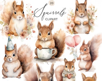 May include: A set of 20 watercolor illustrations of cute squirrels in various poses. The squirrels are holding coffee cups, balloons, hearts, and wearing party hats. The illustrations are perfect for scrapbooking, card making, and other craft projects.