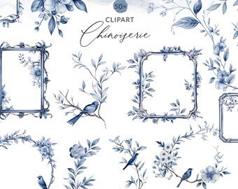 50 cineserie cornici clipart, blu cineserie acquerello clipart cineserie cornici vintage, fiori francesi vintage clip art PNG