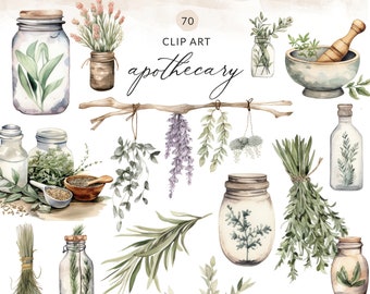 70 Watercolor Apothecary Clip Art PNG Images, Apothecary Clipart Files, Boho Apothecary Clipart, Herbs Clipart, Herbal Tea Clipart