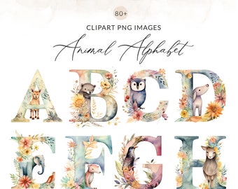 Animal Lettering, Nursery Letters Clipart, Zoo Alphabet Clipart, Watercolor Letters Clipart Watercolor Lettering PNG Images, A-Z PNG Images