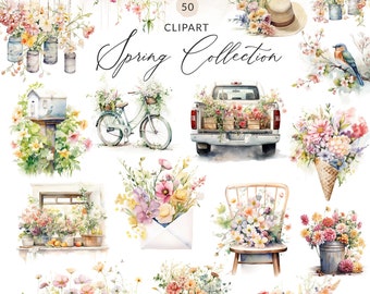 50 Spring Clipart Collection, Spring Watercolor Clipart Collection, Boho Watercolor Spring Clipart Collection, Painted Spring PNG Images