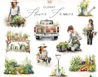 40 immagini PNG di clipart di giardinaggio ad acquerello, clipart di coltivatore di fiori, clipart di giardinaggio, clipart di giardino primaverile, clipart di coltivatore, mercato degli agricoltori