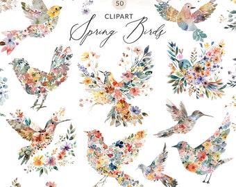 Spring Birds ClipArt, Floral Bird Clip Art Set, Boho Bird Clipart, Birds Made of Flowers, Watercolor Birds Clip Art, Painted Birds Floral