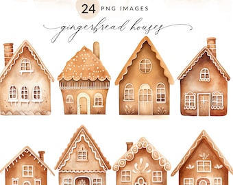 May include: 24 watercolor illustrations of gingerbread houses in various styles. Each house is decorated with white icing and candy. The houses are all different shapes and sizes, and some have snow on the roof.
