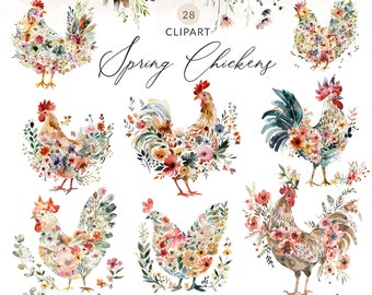 Watercolor Chickens Clipart Set, Painted Chicken Clip Art PNG Images, Rooster Clip Art, Floral Chickens Made of Flowers, Flower Rooster