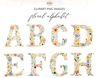 Floral Lettering Clipart PNG Images, Alphabet Lettering Clipart Images, Cute Ditsy Floral Alphabet, Modern Flowers Alphabet Lettering