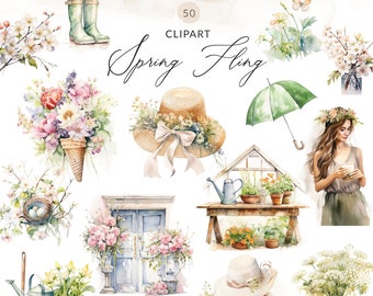 50 Spring Clipart Collection, Spring Watercolor Clipart Collection, Boho Watercolor Spring Clipart Collection, Boho Spring PNG Images