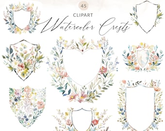 Aquarel Crest Clipart, geschilderde Crest PNG-afbeeldingen, bruiloft Crest Clipart, Crest Frames met bloemen, Floral Crest PNG-bestanden, Shield Crest