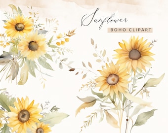 Aquarel Boho Zonnebloem Clipart, Aquarel Zonnebloem Clipart, Geschilderde Zonnebloem PNG Clip Art, Rustieke Clipart, Commercieel Gebruik