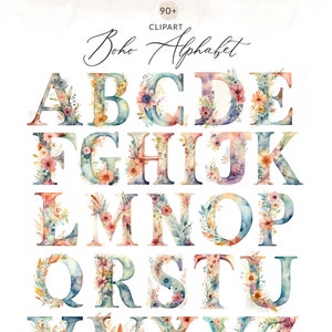 Alfabeto Floral Boho, Alfabeto Boho PNG Alfabeto de Acuarela Floral Clipart, Alfabeto de Acuarela Boho, Uso Comercial, Alfabeto de Flores Boho