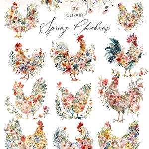 Ensemble de cliparts aquarelle poulets, poulet peint Clip Art Images PNG, clipart coq, floral poulets faits de fleurs, fleur de coq