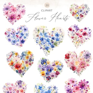 Watercolor Floral Hearts Clipart Flower Hearts, Watercolor Hearts Clip Art, Watercolor Hearts With Flowers Clipart, Valentines Hearts PNG