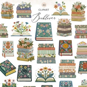 40 Booklover clipart, geïllustreerde boeken clipartafbeeldingen, boeken met bloemen illustraties, literatuur clipart boeken, boek met bloemen PNG