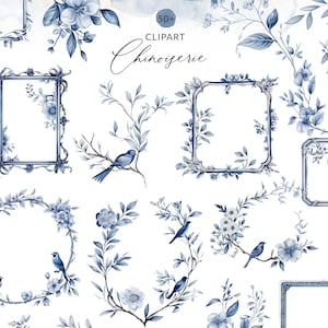 50 Chinoiserie Frames Clipart, Blue Chinoiserie Watercolor Clipart Chinoiserie Vintage Frames, Vintage French Flowers Clip Art PNG