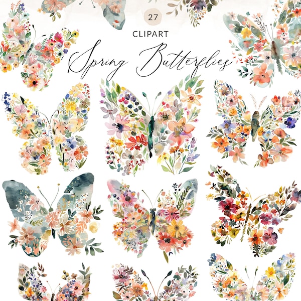 Painted Butterflies Clipart Spring, Boho Butterfly Clipart, Floral Butterflies Clip Art PNG Images, Watercolor Butterfly Clipart PNG Images