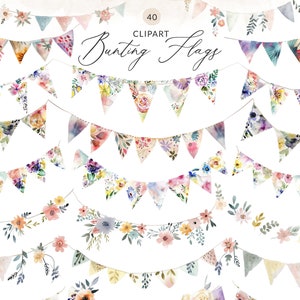 40 Watercolor Bunting Clipart, Cute Painted Bunting Flag Clip Art Images, Bunting Banner PNG Clipart, Floral Bunting, Watercolor Garland PNG