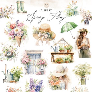 50 Frühling Clipart Sammlung, Frühling Aquarell Clipart Sammlung, Boho Aquarell Frühling Clipart Sammlung, Boho Frühling PNG Bilder