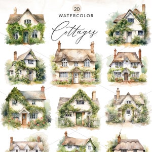 Imagens PNG de clipart de casas em aquarela caprichosas, clipart de casas em aquarela, impressão de arte de casa de campo inglesa, casa de campo, uso comercial