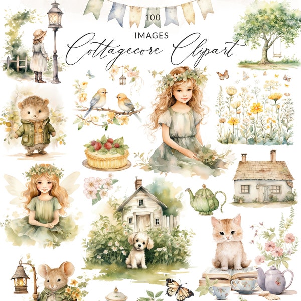 100 Cottagecore Clipart, Watercolor Cottagecore Clipart, Treehouse Clipart, Cottagecore Animals Clipart, Watercolor Cottagecore Clipart