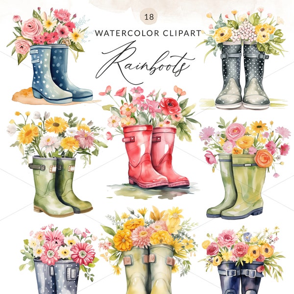 18 Watercolor Rainboots Clipart, Painted Rainboots Clip Art With Flowers, Floral Rainboots Clipart, Watercolor Rainboots PNG, Spring