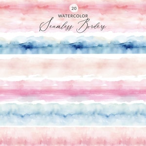 Peut inclure: 20 Bordures Sans Couture Aquarelle. Un ensemble de six bordures aquarelle dans des tons de rose, bleu et beige. Les bordures sont sans couture et peuvent être utilisées pour une variété de projets.