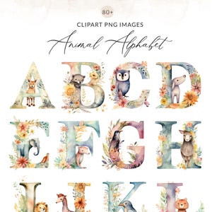 Letras de animales, imágenes prediseñadas de letras de guardería, imágenes prediseñadas del alfabeto del zoológico, imágenes prediseñadas de letras de acuarela, imágenes PNG de letras de acuarela, imágenes PNG de A-Z