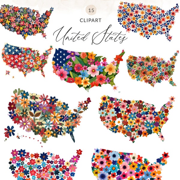 Watercolor USA Clipart, July 4th Clipart, Patriotic Clip Art USA Map, Floral USA Map, United States Floral Map, United States png Images