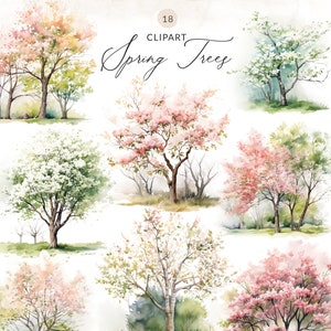 Spring Flowering Trees Clipart Spring Trees Clip Art, Watercolor Flowering Trees PNG, Clipart Set of Cherry Blossom Trees, Pink Spring Tree