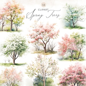 Frühling blühende Bäume Clipart Frühlingsbäume Clip Art, Aquarell blühende Bäume PNG, Clipart-Set von Kirschblütenbäumen, rosa Frühlingsbaum