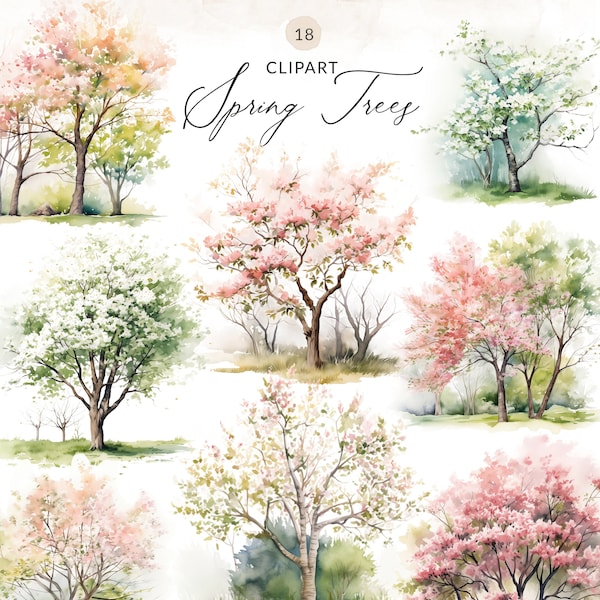 Spring Flowering Trees Clipart Spring Trees Clip Art, Watercolor Flowering Trees PNG, Clipart Set of Cherry Blossom Trees, Pink Spring Tree