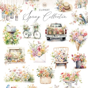 50 Frühlings-Clipart-Sammlung, Frühling Aquarell-Clipart-Sammlung, Boho Aquarell Frühlings-Clipart-Sammlung, gemalte Frühling PNG-Bilder