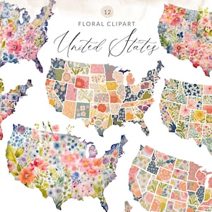Floral USA Clipart, Aquarell USA PNG Clipart, Floral USA Art Print, USA Karte mit Blumen Clip Art