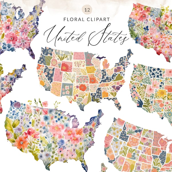 Floral United States Clipart, Watercolor United States PNG Clipart, Floral USA Art Print, United States Map With Flowers Clip Art