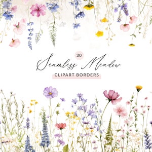 30 Bordas de flores silvestres sem costura, Bordas de prado sem costura, Bordas de flores silvestres de primavera sem costura, Conjunto de bordas de flores delicadas
