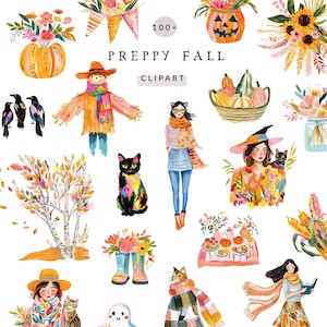 以下が含まれることがあります： 「Preppy Fall」をテーマにした水彩画のクリップアートコレクション。カボチャ、かかし、猫、秋の葉、秋の服装の人物のイラストが含まれています。「100+ Preppy Fall Clipart」というテキストも表示されています。
