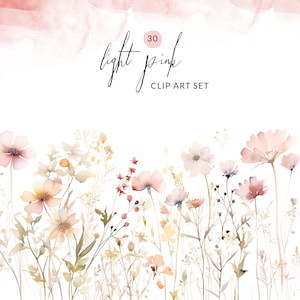 Clipart floral rosa claro, clipart floral aquarela rosa claro, conjunto de borda floral sem costura de flores silvestres, flores de campo de flores silvestres pastel