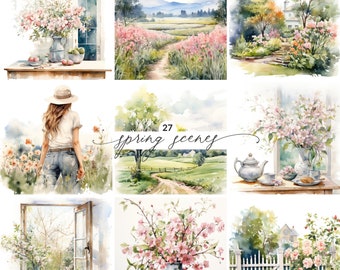 27 Spring Landscape Clipart PNG Images, Spring Aesthetic Clipart Spring Fields, Watercolor Spring Garden Landscapes, Spring Window Scenes