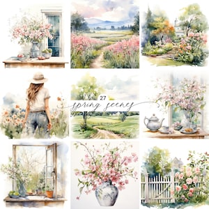 27 Frühlingslandschaft Clipart PNG-Bilder, Frühling ästhetische Clipart Frühlingsfelder, Aquarell Frühlingsgartenlandschaften, Frühlingsfensterszenen