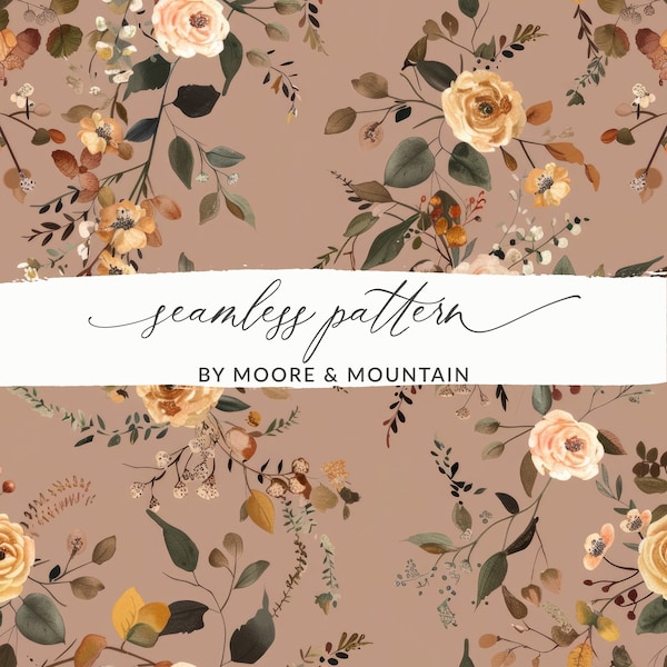 Muted Floral Pattern, Boho Fall Floral Background, Boho Pressed Flower Pattern, Seamless Pressed Floral Pattern Mauve Dusty Pink Floral