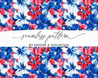 4th of July Seamless Pattern, Red White and Blue Flowers Background, July 4th Floral Pattern, Seamless Patriotic Floral USA Digital Paper